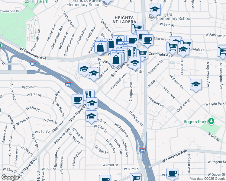 map of restaurants, bars, coffee shops, grocery stores, and more near 7110 La Tijera Boulevard in Los Angeles