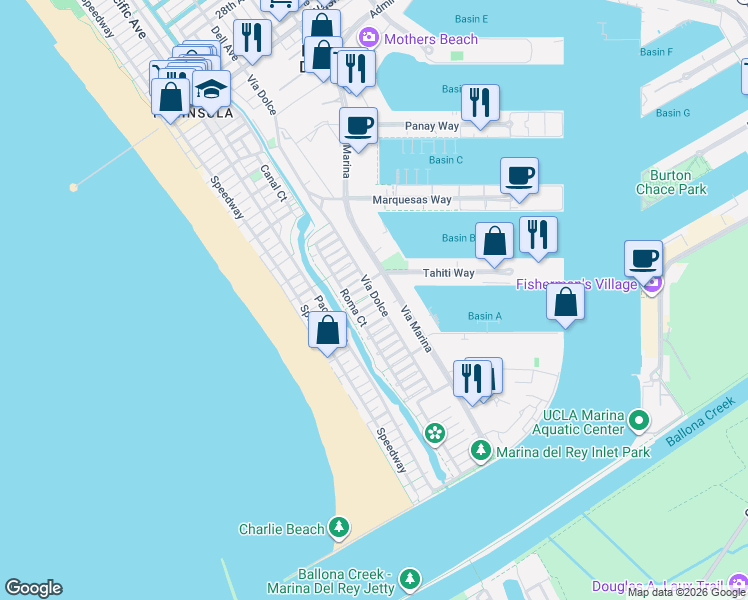 map of restaurants, bars, coffee shops, grocery stores, and more near 4350 Tahiti Way in Marina del Rey