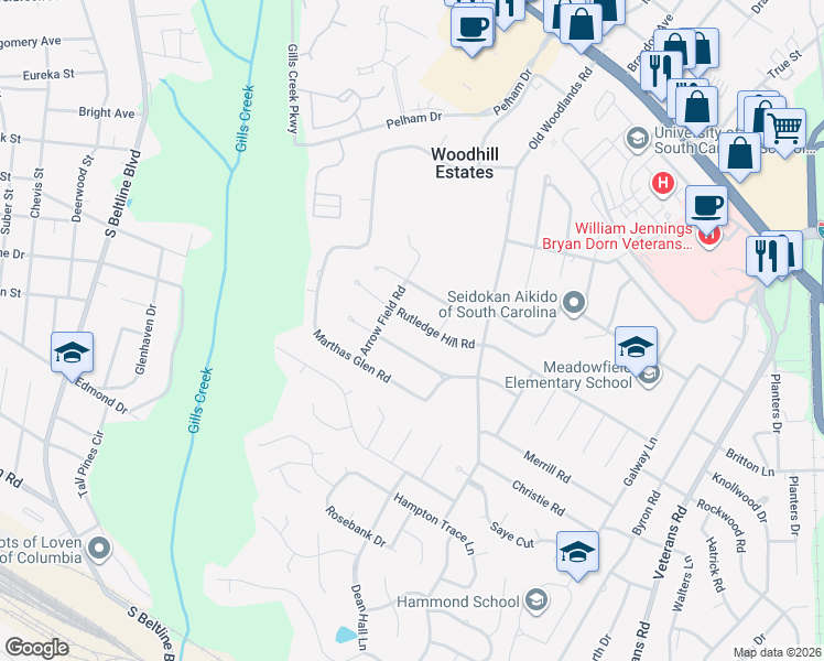 map of restaurants, bars, coffee shops, grocery stores, and more near 6107 Rutledge Hill Road in Columbia