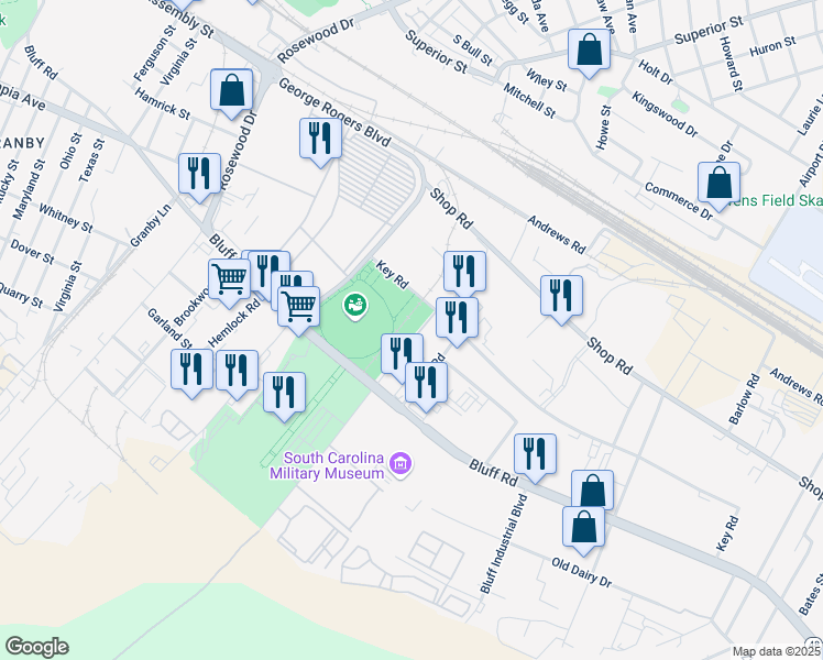 map of restaurants, bars, coffee shops, grocery stores, and more near 59 Key Road in Columbia