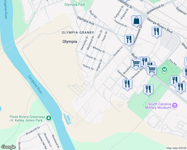 map of restaurants, bars, coffee shops, grocery stores, and more near 960 Texas Street in Columbia