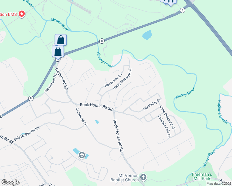 map of restaurants, bars, coffee shops, grocery stores, and more near 439 Hardy Water Drive Southeast in Lawrenceville