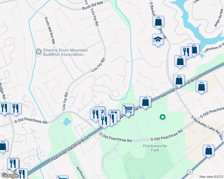 map of restaurants, bars, coffee shops, grocery stores, and more near 4795 Pomarine Circle Northwest in Norcross