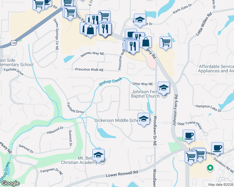 map of restaurants, bars, coffee shops, grocery stores, and more near 4386 Dunmore Road Northeast in Marietta