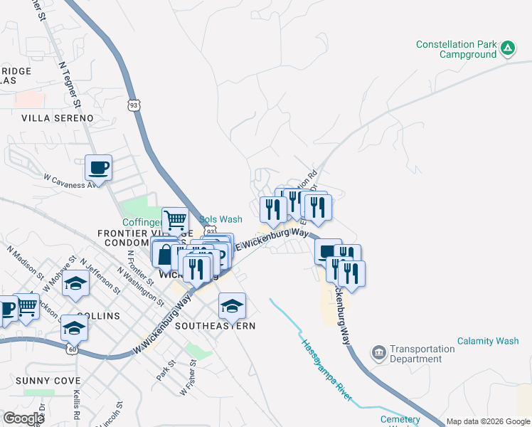 map of restaurants, bars, coffee shops, grocery stores, and more near 610 North Jack Burden Road in Wickenburg
