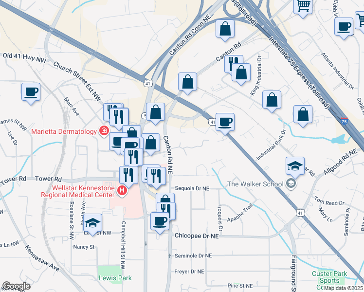 map of restaurants, bars, coffee shops, grocery stores, and more near 890 Canton Road Northeast in Marietta