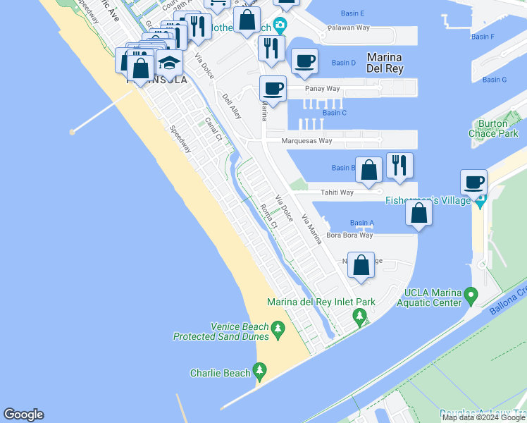 map of restaurants, bars, coffee shops, grocery stores, and more near 4411 Roma Court in Marina del Rey