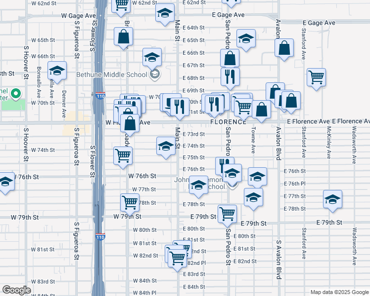 map of restaurants, bars, coffee shops, grocery stores, and more near 116 East 74th Street in Los Angeles