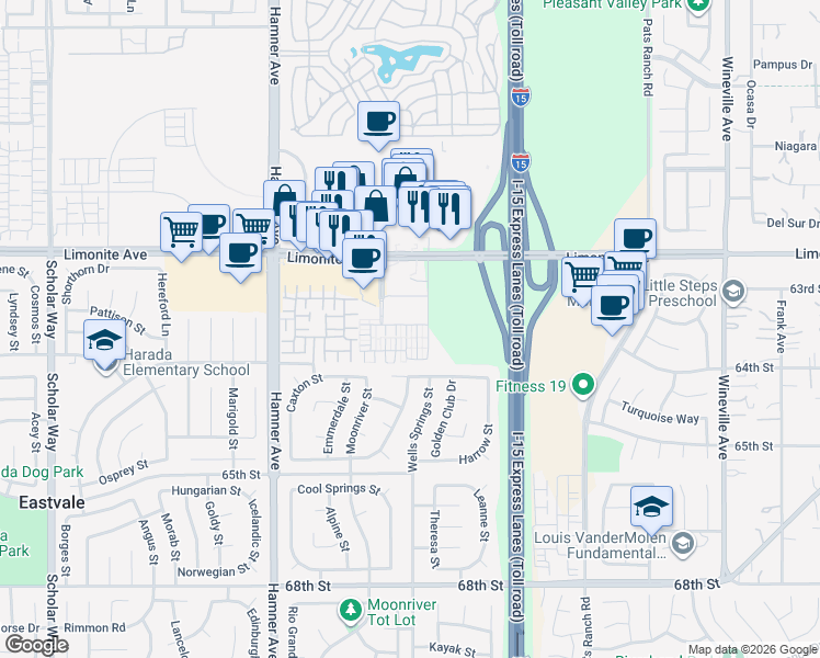 map of restaurants, bars, coffee shops, grocery stores, and more near 12354 Limonite Avenue in Eastvale