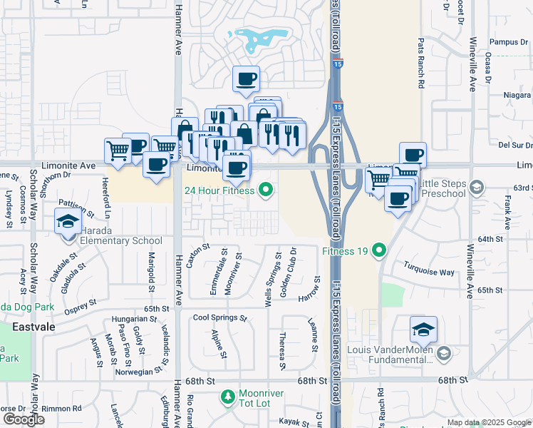 map of restaurants, bars, coffee shops, grocery stores, and more near 6329 Norma Court in Eastvale