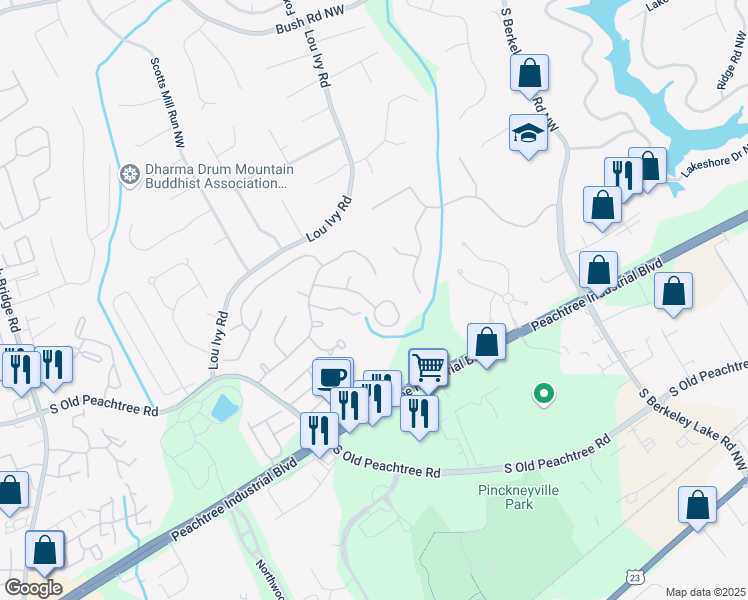 map of restaurants, bars, coffee shops, grocery stores, and more near 4795 Pomarine Circle Northwest in Norcross