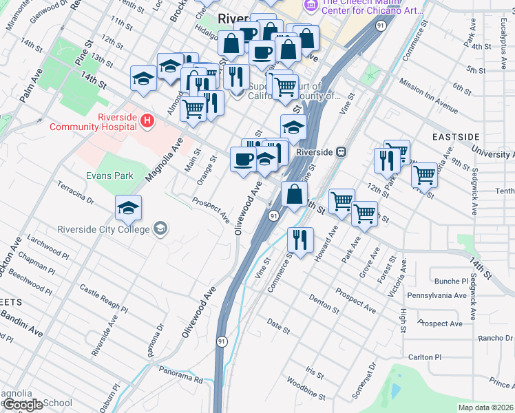 map of restaurants, bars, coffee shops, grocery stores, and more near 4470 Olivewood Avenue in Riverside