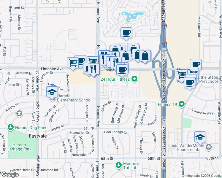 map of restaurants, bars, coffee shops, grocery stores, and more near 6341 Amadora Lane in Eastvale