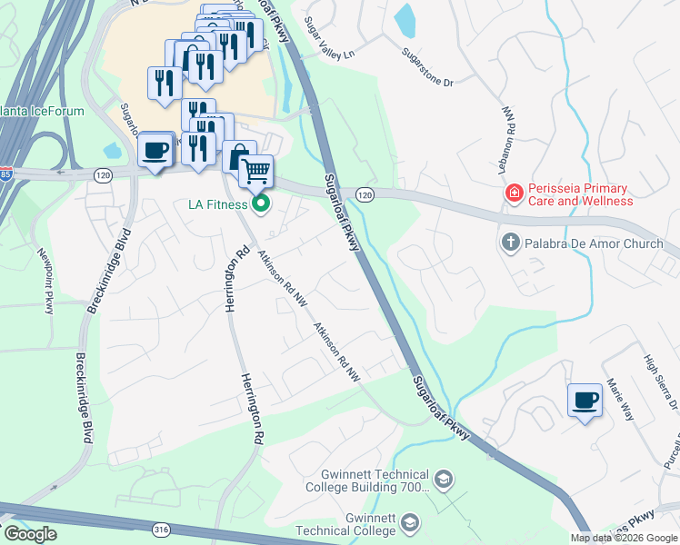 map of restaurants, bars, coffee shops, grocery stores, and more near 1890 Westfield Drive Northwest in Lawrenceville