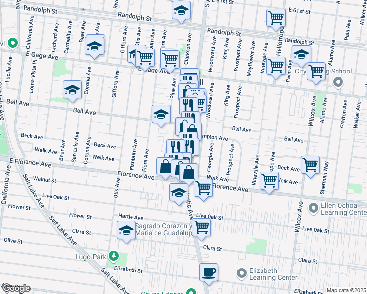 map of restaurants, bars, coffee shops, grocery stores, and more near 6903 3/4 Atlantic Avenue in Bell Gardens