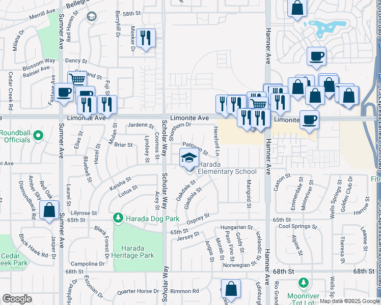 map of restaurants, bars, coffee shops, grocery stores, and more near 6330 Cattleman Drive in Corona