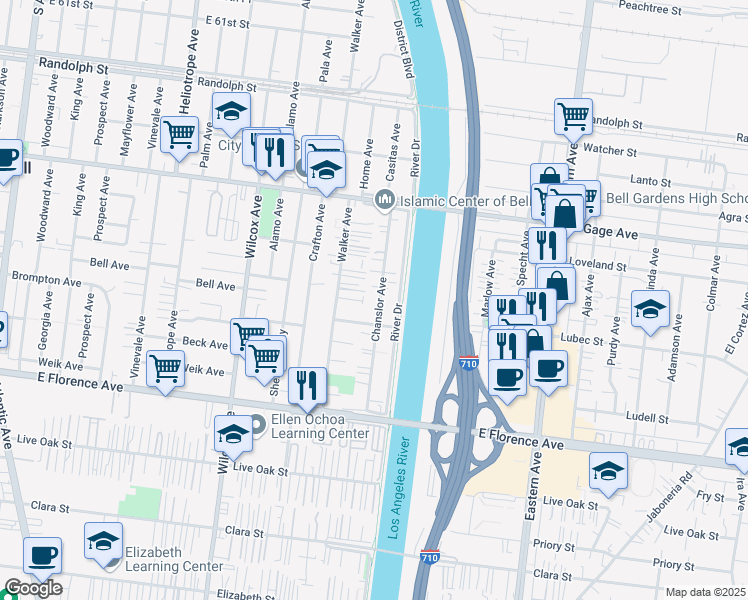 map of restaurants, bars, coffee shops, grocery stores, and more near 6727 Chanslor Avenue in Bell