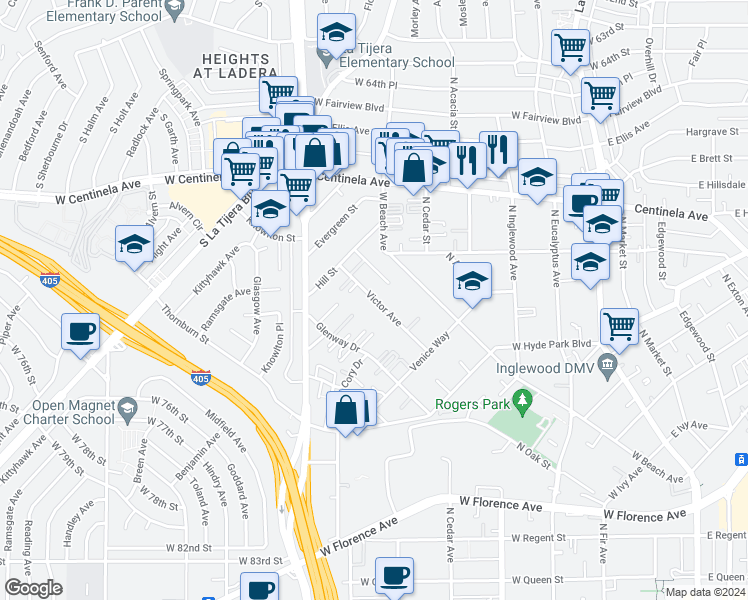 map of restaurants, bars, coffee shops, grocery stores, and more near 871 Kincaid Avenue in Inglewood