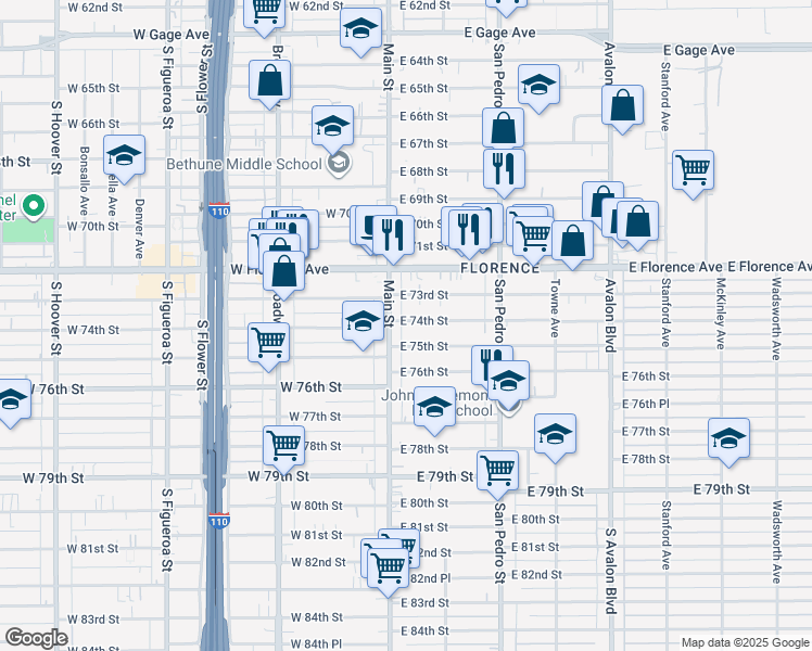 map of restaurants, bars, coffee shops, grocery stores, and more near 116 East 74th Street in Los Angeles