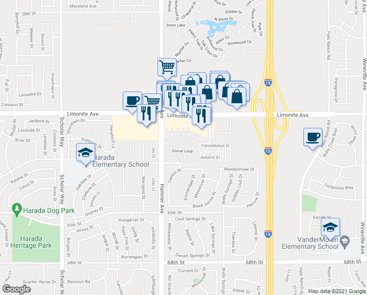 map of restaurants, bars, coffee shops, grocery stores, and more near 6341 Amadora Lane in Eastvale