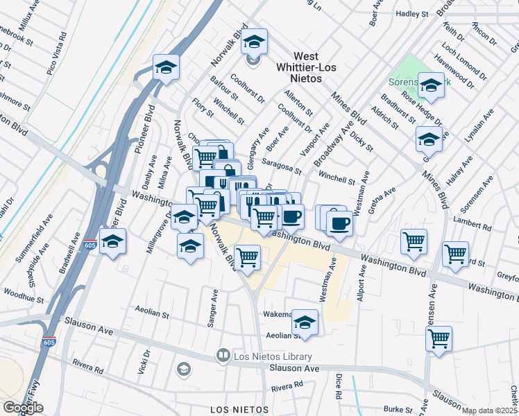 map of restaurants, bars, coffee shops, grocery stores, and more near 7901 Duchess Drive in Whittier