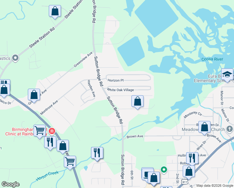 map of restaurants, bars, coffee shops, grocery stores, and more near 31 Country Lane in Rainbow City