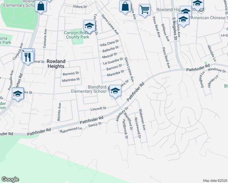 map of restaurants, bars, coffee shops, grocery stores, and more near 18659 Philbrook Street in Rowland Heights