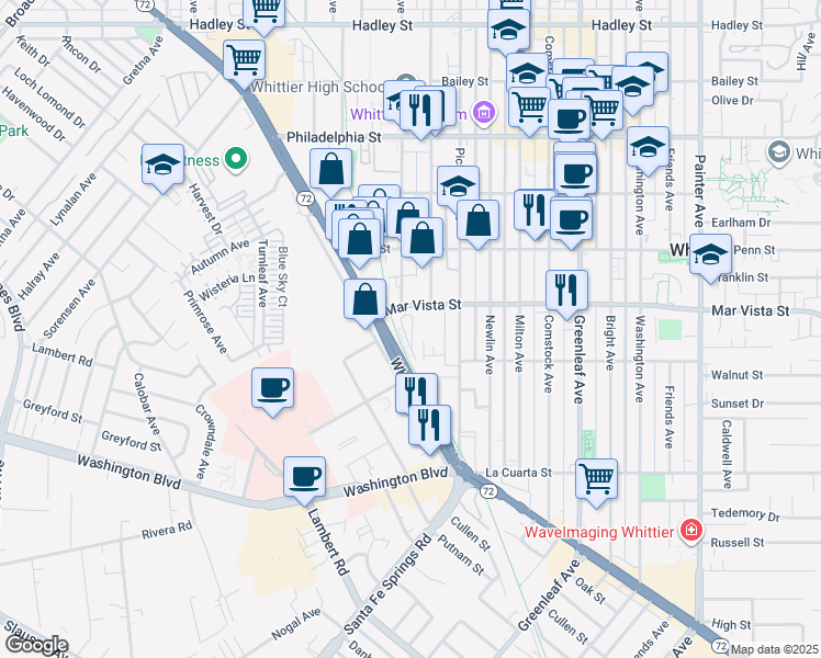 map of restaurants, bars, coffee shops, grocery stores, and more near 12416 Mar Vista Street in Whittier