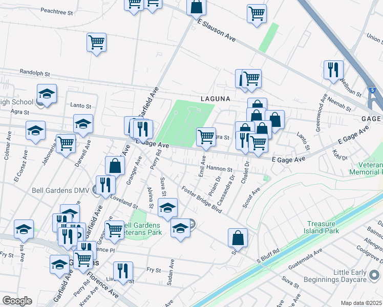map of restaurants, bars, coffee shops, grocery stores, and more near 6621 East Gage Avenue in Commerce