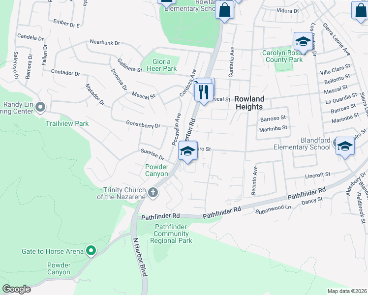 map of restaurants, bars, coffee shops, grocery stores, and more near Fullerton Road & Aguiro Street in Rowland Heights