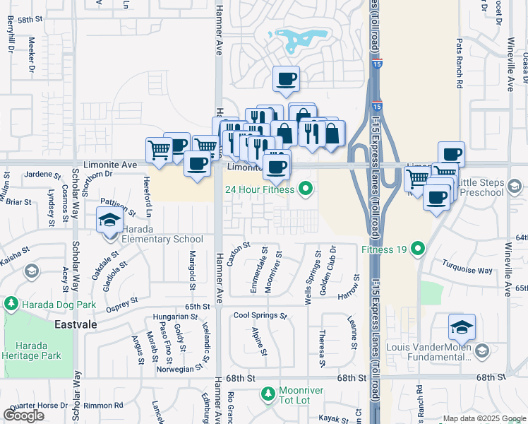 map of restaurants, bars, coffee shops, grocery stores, and more near 12466 Quintessa Lane in Eastvale