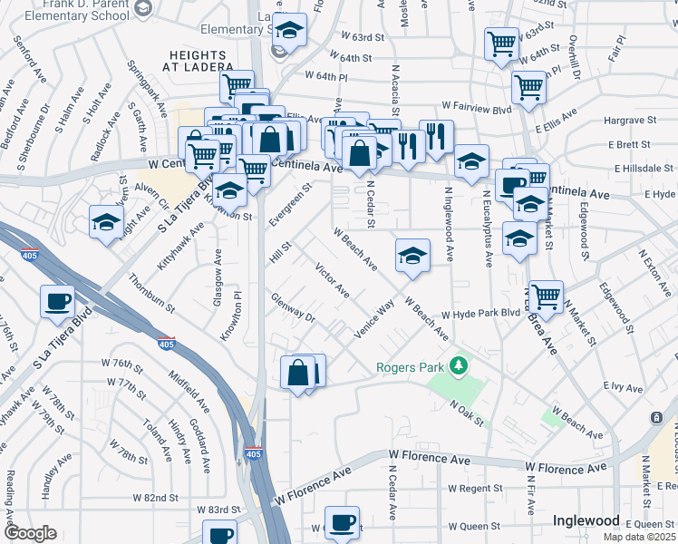 map of restaurants, bars, coffee shops, grocery stores, and more near 855 Victor Avenue in Inglewood