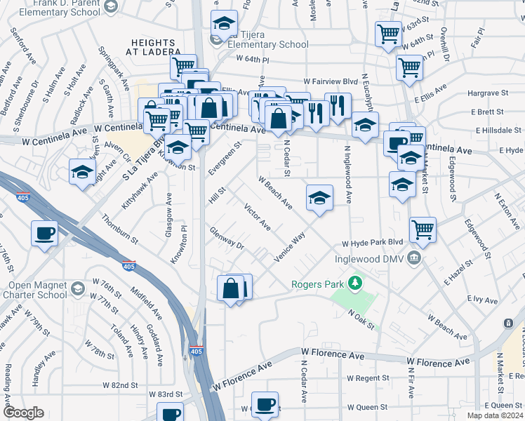 map of restaurants, bars, coffee shops, grocery stores, and more near 855 Victor Avenue in Inglewood