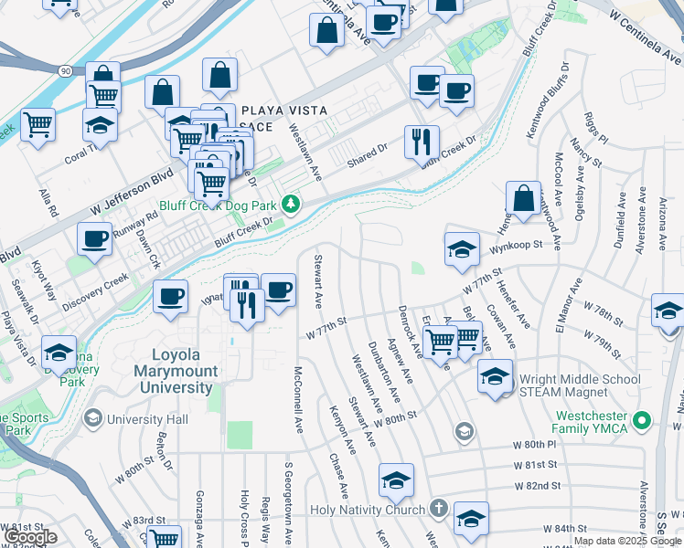 map of restaurants, bars, coffee shops, grocery stores, and more near 7411 Westlawn Avenue in Los Angeles