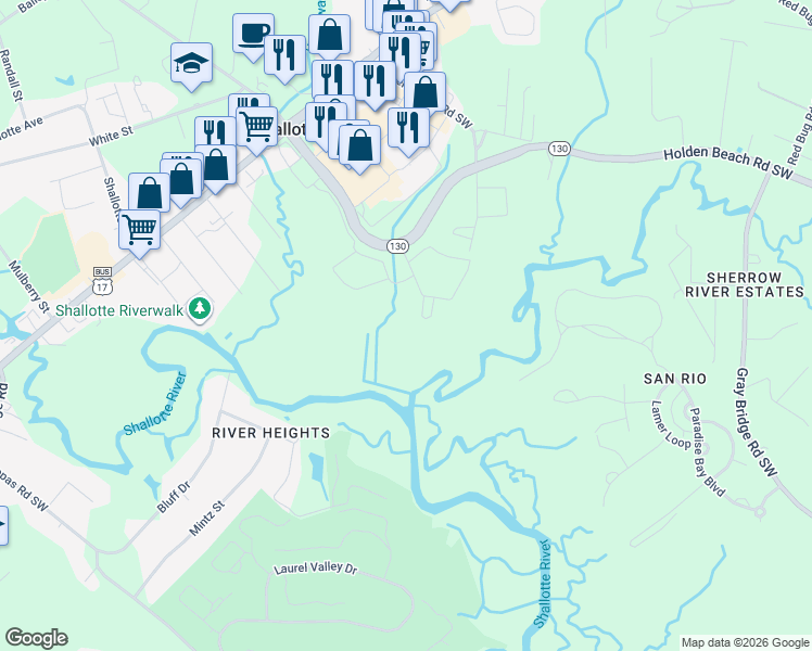 map of restaurants, bars, coffee shops, grocery stores, and more near 287 Edgewater Drive Southwest in Shallotte