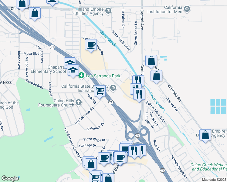 map of restaurants, bars, coffee shops, grocery stores, and more near 15315 Fairfield Ranch Road in Chino Hills