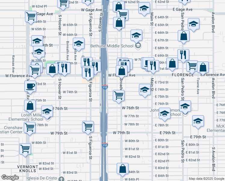 map of restaurants, bars, coffee shops, grocery stores, and more near 335 West 74th Street in Los Angeles