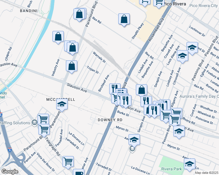 map of restaurants, bars, coffee shops, grocery stores, and more near 8826 Bermudez Street in Pico Rivera