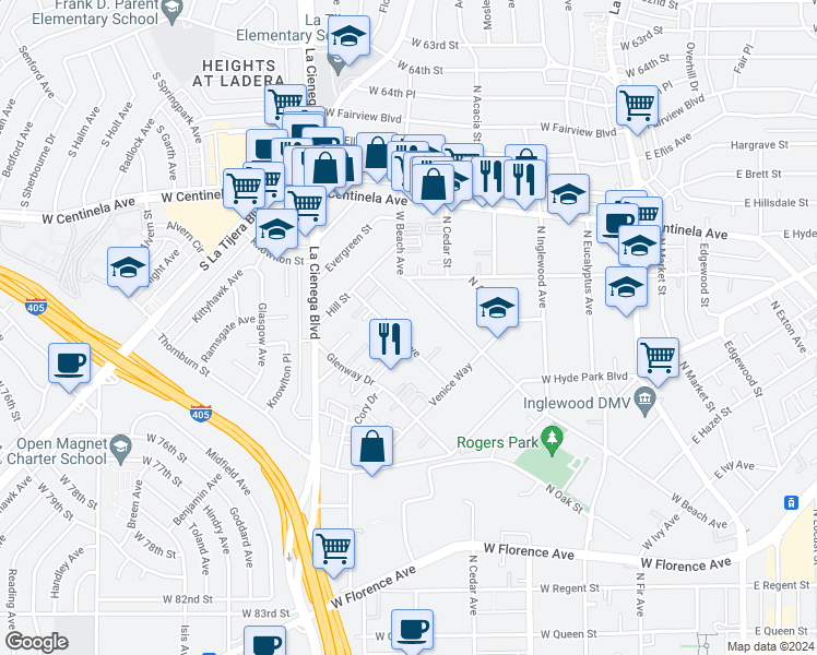 map of restaurants, bars, coffee shops, grocery stores, and more near 855 Victor Avenue in Inglewood