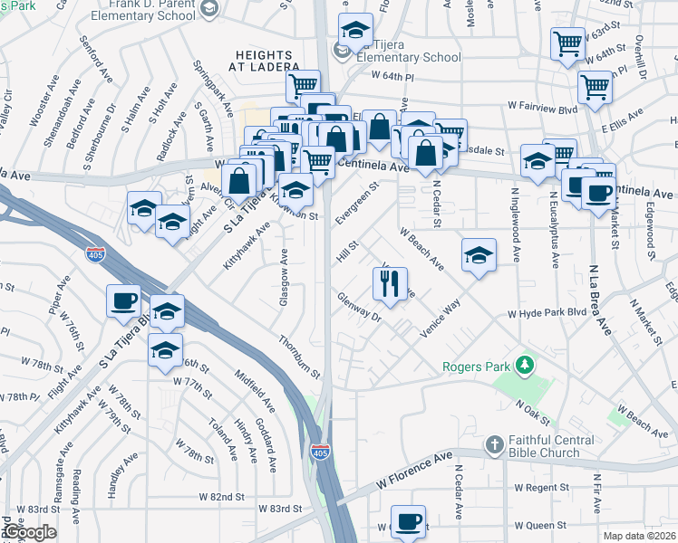 map of restaurants, bars, coffee shops, grocery stores, and more near 640 Hill Street in Inglewood