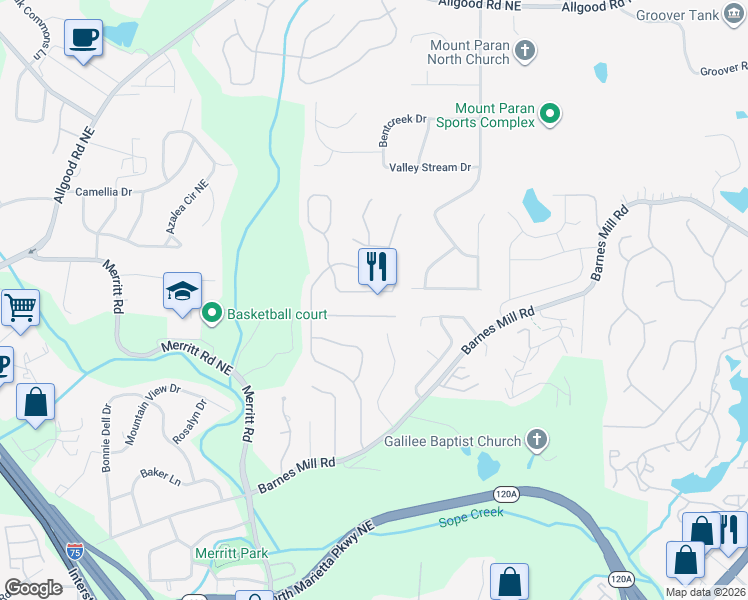 map of restaurants, bars, coffee shops, grocery stores, and more near 987 Soaring Way Northeast in Marietta