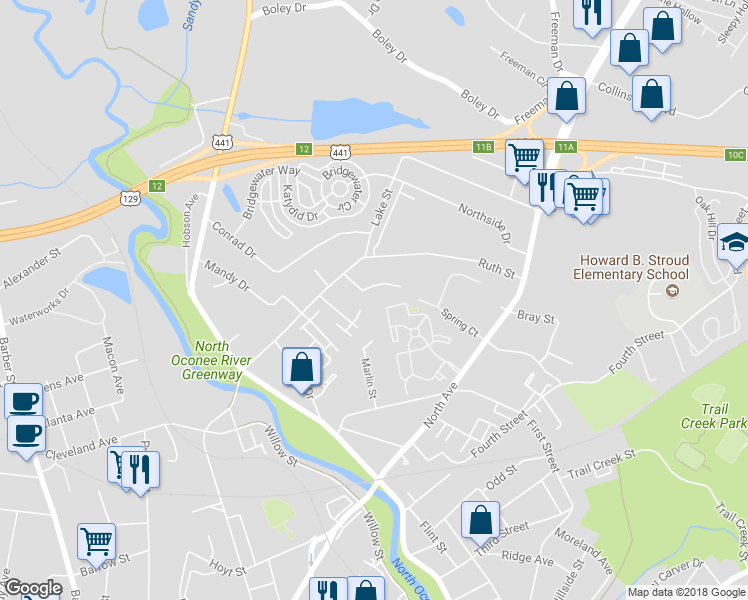 map of restaurants, bars, coffee shops, grocery stores, and more near 110 Cherry Lane in Athens