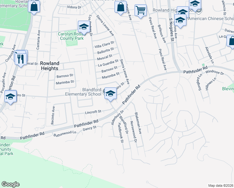 map of restaurants, bars, coffee shops, grocery stores, and more near 18730 Aguiro Street in La Puente