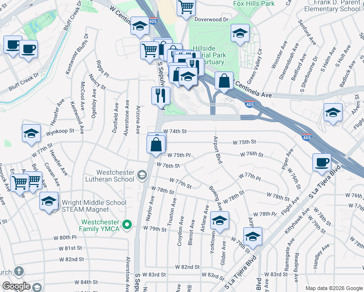 map of restaurants, bars, coffee shops, grocery stores, and more near 6077 West 75th Street in Los Angeles