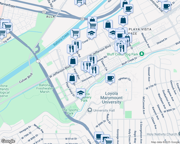 map of restaurants, bars, coffee shops, grocery stores, and more near 2 Playa Vista Drive in Los Angeles
