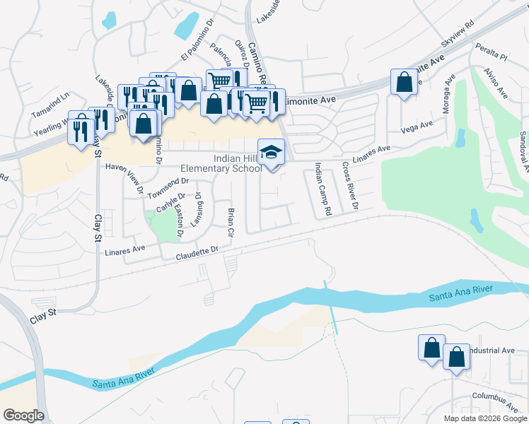 map of restaurants, bars, coffee shops, grocery stores, and more near 7667 High Prairie Trail in Riverside