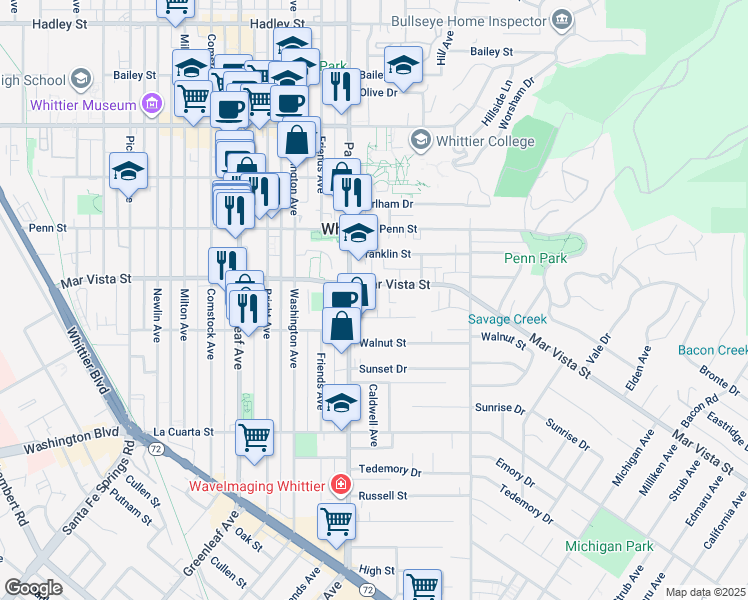 map of restaurants, bars, coffee shops, grocery stores, and more near in Whittier