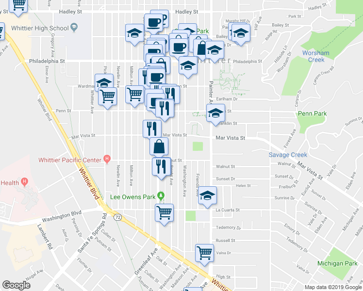 map of restaurants, bars, coffee shops, grocery stores, and more near 7601 Washington Avenue in Whittier