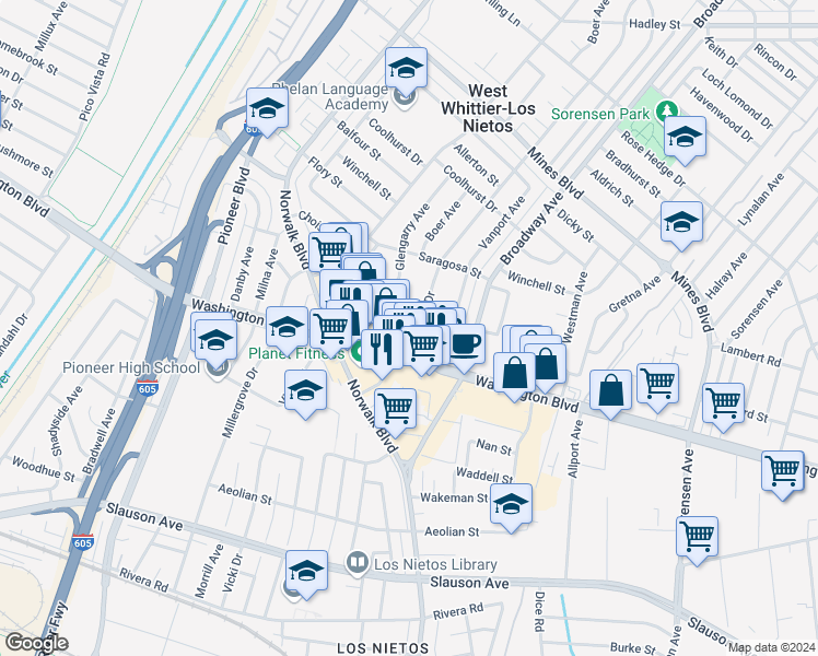 map of restaurants, bars, coffee shops, grocery stores, and more near 7819 Duchess Drive in Whittier