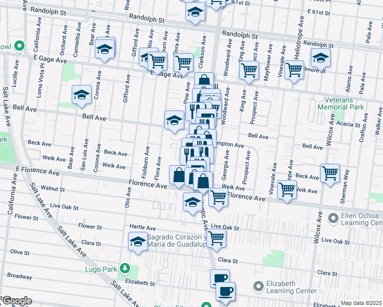 map of restaurants, bars, coffee shops, grocery stores, and more near 6903 3/4 Atlantic Avenue in Bell Gardens